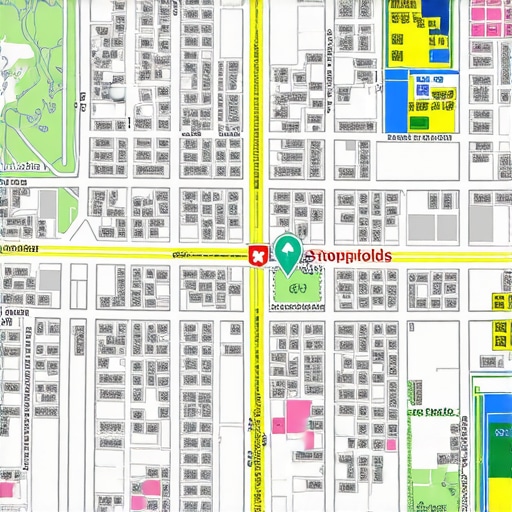 A neighborhood map highlighting a local business surrounded by landmarks