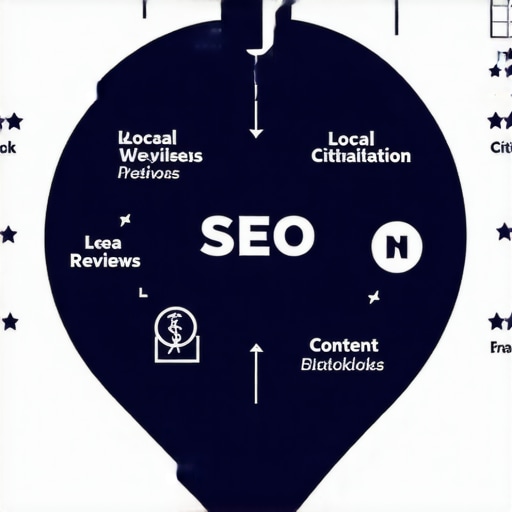 Infographic showing key factors influencing local SEO rankings, including reviews, citations, and content strategies.