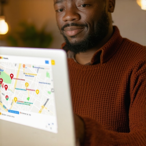 Business owner analyzing local SEO strategies on a laptop with Google Maps interface