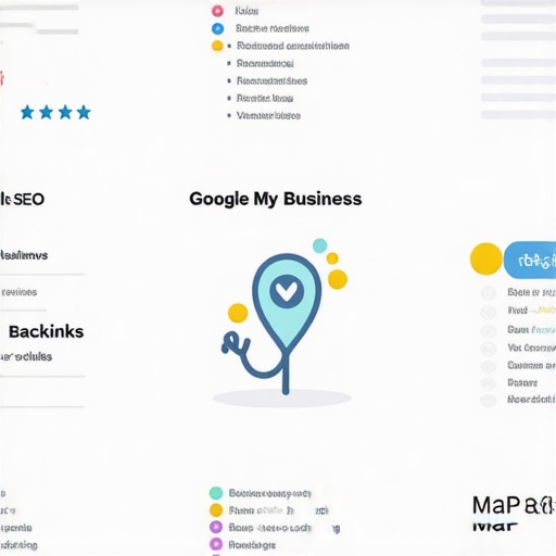Illustration of local SEO strategy components including GMB, reviews, backlinks, and Google Maps.