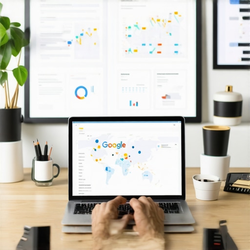 Person analyzing local SEO data on laptop with Google Maps and charts