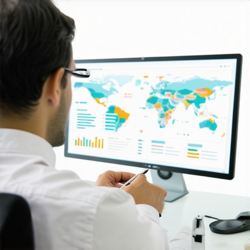 Person reviewing SEO analytics, maps, and ranking graphs on a computer