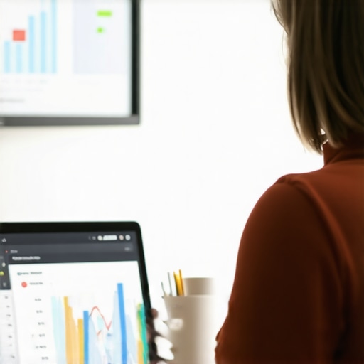 Business owner optimizing GMB profile on computer with analytics charts displayed.