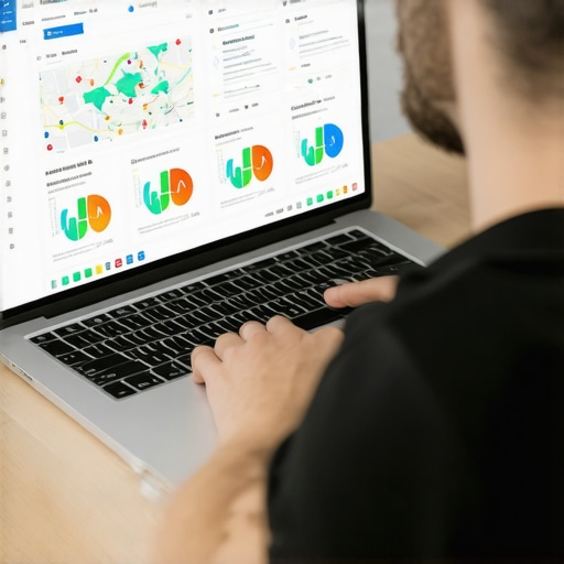 Person reviewing maps and SEO metrics on a laptop for local business ranking.