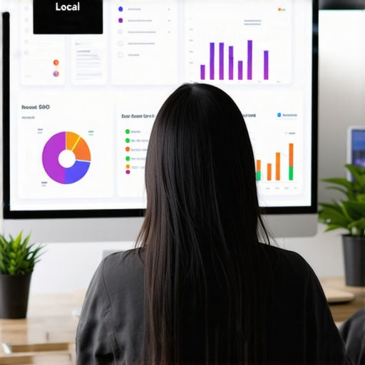 A professional analyzing local SEO performance on a digital dashboard in an office setting.