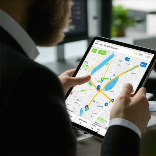 Analyzing Map Rankings for Local SEO Business owner reviewing digital maps and ranking data on a tablet in an office.