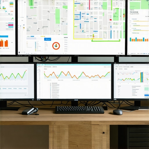 A technician analyzing local business ranking metrics on multiple monitors.