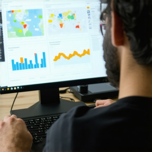 Using Advanced Tools to Maintain Local Rankings Digital marketer analyzing local SEO data with specialized software in a modern office