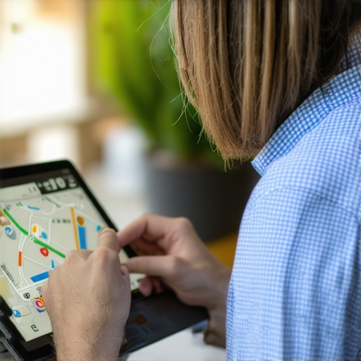 Business owner reviewing local SEO signals and community engagement metrics on a tablet.